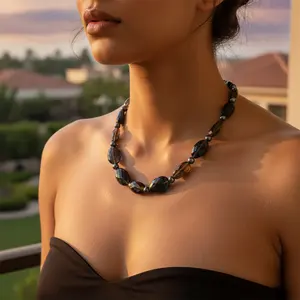 Collier tendance pour femme en onyx noir et perles, bijoux religieux en pierres précieuses avec chaînes en alliage de diamant pour mariage, fête et cadeau - Product Image 1