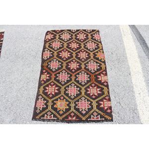 Vintage 2.6x4.2 ft Rug, Kilim Turkish Rug, <b>Brown</b> Ikat Rug <b>Wool</b> - Product Image 1