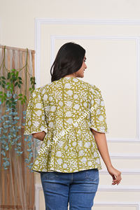 Blusa corta de algodón 100% para mujer, ropa de fiesta informal, estampado tradicional a mano, Floral estilo bohemio, Oliva, lavable Natural - Product Image 3