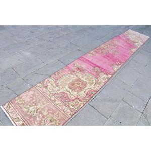 Tapis turc vintage en patchwork 2,1x12,8 pi (65x390 cm) avec support en latex écologique, tapis en laine rose - Product Image 3