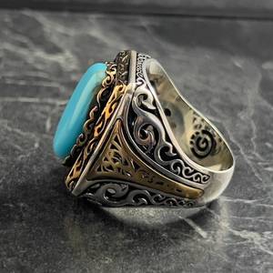 Anillo de Oro Amarillo de 14K para Hombre con Turquesa Azul Ovalada, Anillo Hecho a Mano con Piedra Azul Brillante, Plata de Ley 925, Diseño Antiguo - Product Image 4