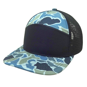 Sombrero de camionero de camuflaje azul y negro de 7 paneles, malla negra, transpirable, ajustable, ala plana, Snapback, hebilla de un solo pecho, OEM Unisex - Product Image 2