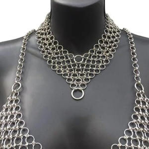 Medieval <b>Fantasy</b> Aluminium Chainmail Crop Halter Bra Mini Skirt/Belt Polished Steel Cosplay Bikini with Metal Necklace - Product Image 4