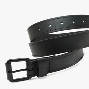 Ceinture décontractée élégante en cuir pleine fleur noir pour hommes avec coutures aux bords solides et boucle à ardillon simple à rouleau noir mat - Product Image 3