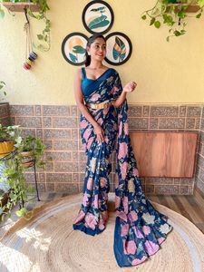 Best Selling Premium Quality Multicolor Georgette <b>Saree</b> <b>Blouse</b> Indian Trending Ethnic Women's Sequence Designer Weddings - Product Image 5