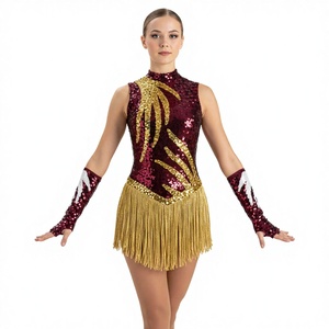 Costume de danse de luxe scintillant bordeaux avec accents de paillettes dorées, tenue de performance avec gants à paillettes assortis pour spectacle sur scène - Product Image 1