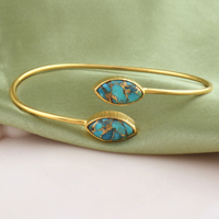 Bracelet réglable en cuivre bleu naturel turquoise plaqué or 18 carats bijoux en laiton faits à la main pour femmes bracelet jonc à double pierre