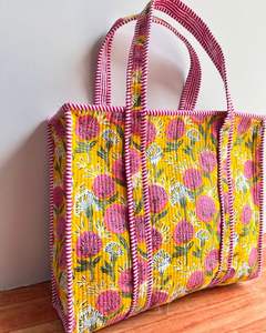 Cotton Quilted Duffle Tote Shoulder Bag Geometric Pattern Eco-Friendly Leather <b>Canvas</b> Lining Fashionable Shopping Bag - Product Image 6