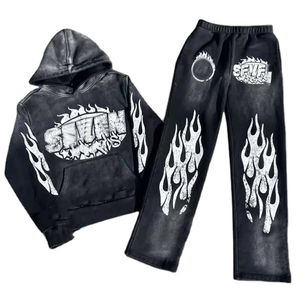 Chándal personalizado de pintura negra acampanada para hombre, ropa de calle, pantalones apilados para mujer, conjuntos de 2 piezas, conjunto de chándal con bolsillos - Product Image 1