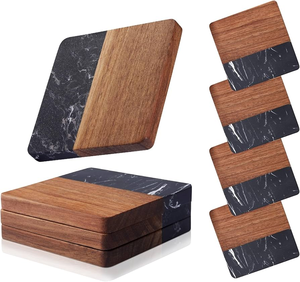 Luxury Design Wood and <b>Marble</b> <b>Coaster</b> 4-Piece Set Square Handmade Eco-Friendly Table Decorative Item - Product Image 4