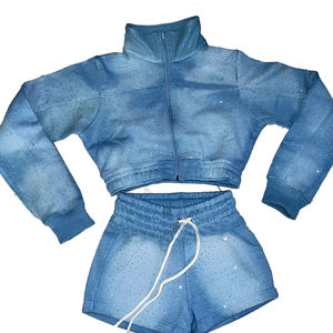 Ensemble de survêtement court pour femmes avec logo personnalisé des fabricants, strass, veste courte à fermeture éclair et short, ensemble deux pièces - Product Image 2