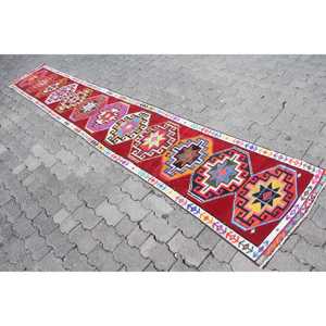 พรมวินเทจลายรันเนอร์ ขนาด 2.3x12.1 ฟุต พรมตุรกี พรมขนสัตว์สีแดงสไตล์เซาท์เวสเทิร์น - Product Image 2
