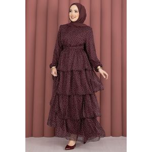 Vestido de Gasa Borgoña con Estampado de Puntos, Silueta en A Modesta con Cintura Imperio y Cinturón - Product Image 3
