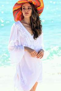 Tunique d'été élégante à manches longues et col en V pour femmes avec broderie personnalisée Mini Top tissé à motifs Casual Beach Cover Smart Casual - Product Image 2