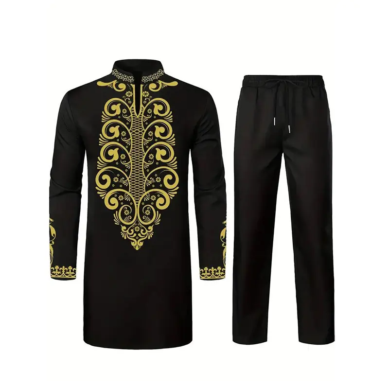 Conjunto africano de 2 piezas para hombre, traje tradicional metálico, estampado floral, camisa y pantalones africanos Dashiki para hombre