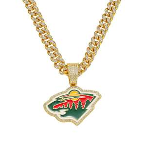 Pendentif de hockey sur glace de style hip-hop en forme de bouclier, entièrement en moissanite, plaqué argent rhodié, championnat du Minnesota Wilderness - Product Image 1