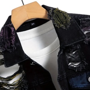 Veste en jean vintage déchirée et délavée à l'acide pour homme, col montant, boutonnée, streetwear écologique, vente en gros de haute qualité - Product Image 3