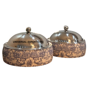 Calentador de alimentos decorativo de madera, cazuela de diseñador de mesa de forma redonda, última colección, olla caliente de Metal nueva y elegante - Product Image 2