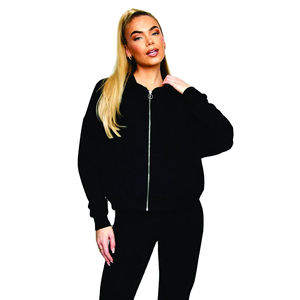 Custom Logo Womens <b>Black</b> Zip up Hooded Jacket and Leggings Set Casual Fitness Sportswear Outfit Two Piece Tracksuit - Product Image 1
