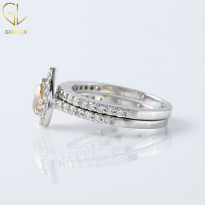 Ensemble de bagues de mariée, solitaire Moissanite coupe poire marron jaune clair fantaisie avec anneau Halo Accent, bague de mariage demi-éternité - Product Image 5