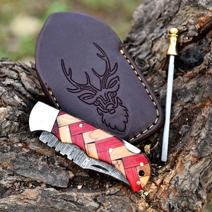 Gran oferta, cuchillo de bolsillo plegable de acero de Damasco hecho a mano personalizado, mango de madera de cuero, hermosos cuchillos para acampar al aire libre, soporte OEM - Product Image 4