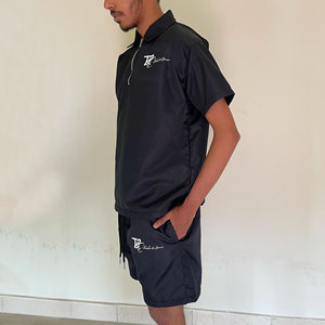 Ensemble d'été unisexe 220 g/m² grande taille deux pièces en coton 100 % tissé brodé uni sans couture avec t-shirt et short - Product Image 3