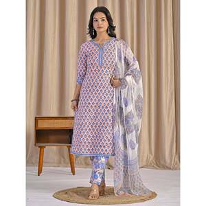 Conjunto de Kurta y Pantalón de Algodón Estampado a Mano con Diseño de Duraznos, Estilo Casual de Verano, Tela Chifón - Product Image 2