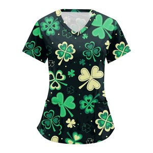 Uniforme d'infirmière contemporain pour femmes hauts St.patrick Day imprimé à manches courtes col en V infirmière gommage Blouse femmes festival série hauts - Product Image 4