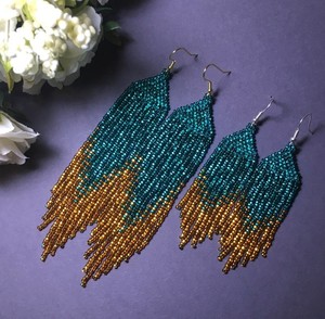 Bead <b>Earrings</b>, <b>Turquoise</b> Dark Gold Long <b>Earrings</b>, extra Long <b>Earrings</b>, Fringe <b>Earrings</b>, Boho <b>Earring</b>, Seed Bead <b>Earrings</b> - Product Image 1