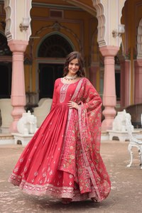 El último vestido Anarkali de trabajo de secuencia de bordado de seda Chinon de diseñador por FabZone - Product Image 2