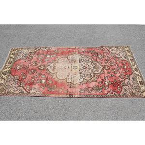 Vintage <b>Turkish</b> <b>Rug</b> Classic Red Beige 3.2 X 6.9ft Large Area Woolen Patchwork Latex Abstract for Teens Rectangle Hallway Design - Product Image 3