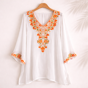 Tunique de plage en coton blanc brodée, tunique simple - Product Image 1