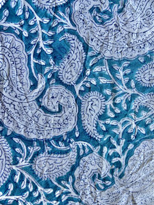ผ้าฝ้ายพิมพ์ลายด้วยมือ ลายคลาสสิก (บุตะ) สีฟ้าอมเขียว - Product Image 4