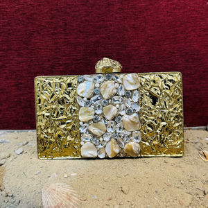 Handcrafted <b>Gold</b> Metal <b>Clutch</b> with Mother of Pearl and Crystal Panel Luxury Designer Evening Statement Bag Handbag for women - Product Image 1