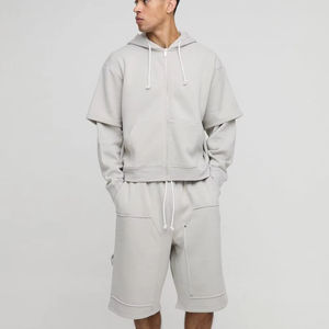 Conjuntos de Sudadera con capucha y pantalones cortos de doble capa 100% algodón logotipo personalizado ropa de calle de gran tamaño conjunto doble para hombres - Product Image 1