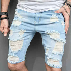 Shorts en jean Oxford personnalisés pour hommes, respirants, longueur genou, séchage rapide, style streetwear ample et déchiré - Product Image 1
