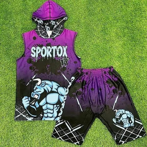 Uniformes de fútbol azul y negro personalizados con nombre de equipo Jersey transpirable con capucha y conjuntos de pantalones cortos - Product Image 1