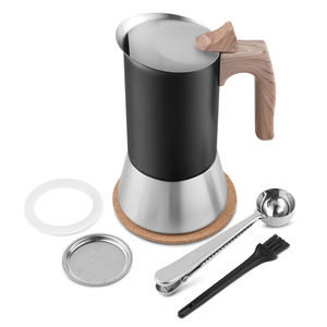Cafetière Moka en acier inoxydable écologique 6 tasses, machine à expresso <span class=keywords><strong>italienne</strong></span> pour cuisinière avec poignée en bois, compatible induction, logo personnalisé - Product Image 1