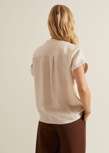 Lino natural cuello mandarín botón frontal manga corta Casual sólido Vintage ODM blusa - Product Image 5