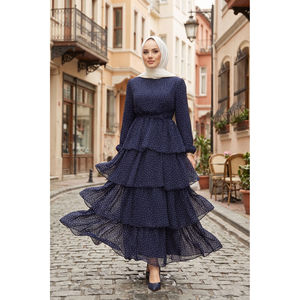 Robe trapèze bleu marine à pois superposés, design personnalisé, coupe Empire, longue, en crêpe, mousseline et polyester tissé, avec ceinture simple personnalisée, longueur genou - Product Image 1