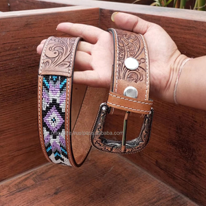 Cinturón de cuero texturizado floral occidental hecho a mano con detalles de cuentas 100% cuero de vaca de grano completo genuino y cierre de cuero a presión - Product Image 3