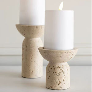 Porte-bougie en marbre travertin poli à la main, texture lisse, pierre naturelle, décoration de luxe pour la maison - Product Image 1