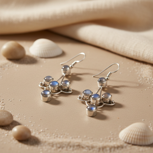 Pendientes de Plata 925 con Piedra Lunar y Baño de Oro para Mujer, Diseño Geométrico Colgante, Piedra Principal en Oro Rosa para Bodas y Fiestas - Product Image 1