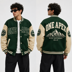 Custom <b>Men's</b> Beige Brown Varsity <b>Jacket</b> Wool Body PU Leather Sleeves Chenille Embroidery Letterman <b>Baseball</b> <b>Jacket</b> OEM - Product Image 1