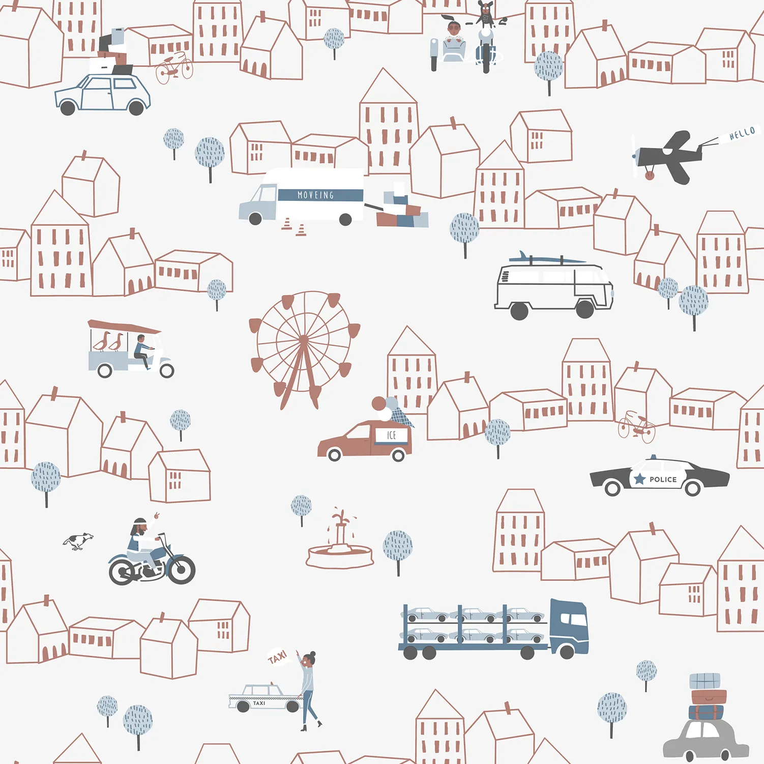 HIGH QUALITY MADE IN SPAIN INFANTILE WALLPAPER ROLL NOA CITY WIH CARS RED