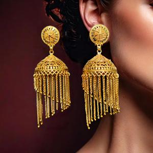 Boucles d'oreilles personnalisées OEM serties de boucles d'oreilles de style Jhumka plaqué or 22CT, bijoux pour femmes par les exportateurs - Product Image 1