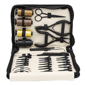 Kit de extensión de cabello negro de acero inoxidable Clips de sección de separación Gancho de tracción Hilo de bucle Tijera Micro cuentas Durable Reutilizable - Product Image 1