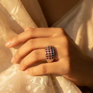 Anillo de cóctel vintage de plata 925 para mujer con rubí y zafiro natural, engaste en canal, diseño geométrico, joyería de compromiso, piedra de nacimiento de julio - Product Image 1
