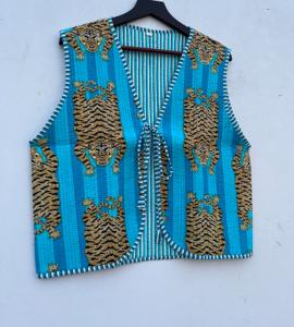 Handmade Cotton Reversible Hip Hop Puffer Waistcoat <b>Women</b> Breathable Leopard Printed V-Neck Front Open Jacket Sustainable Stripe - Product Image 4