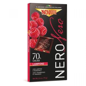 Barra de Chocolate Negro NOVI 70% Cacao con Sabor a Frambuesa y Almendra, Chocolate Italiano, 75 g, Paquete Individual - Product Image 1